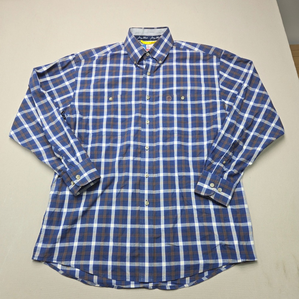 Wrangler George Strait Shirt Cowboy Cut Plaid Western Blue Brown Mens XL